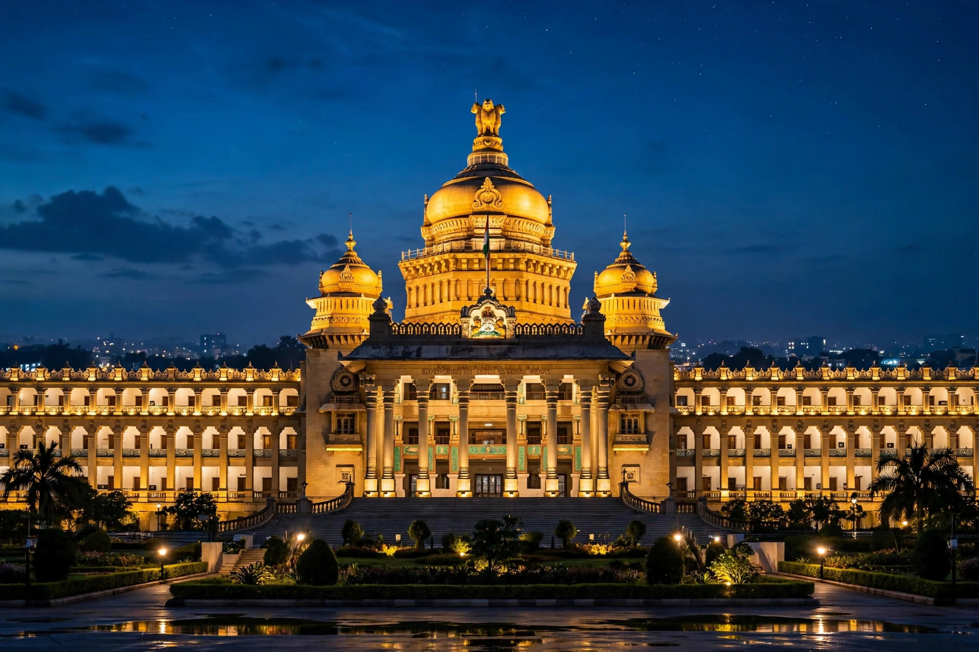 Vidhana Soudha illuminated at night in Bengaluru